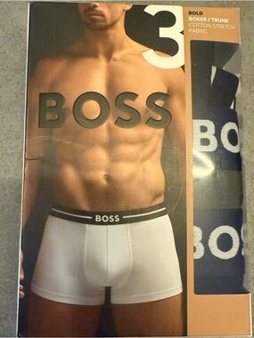 Boss Men’s White & Navy Cotton Stretch Boxer Briefs - 3 Pack